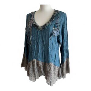 Spencer Alexis Teal Women's Boho Lace Trim Blouse - Size 10